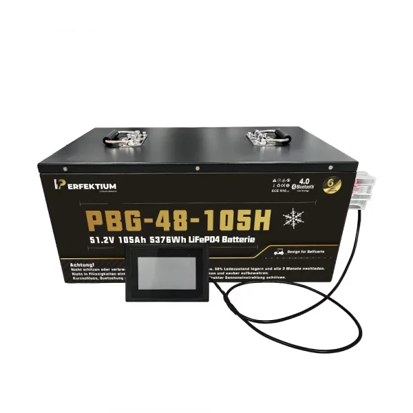 Perfektium PBG-Serie LiFePO4-Lithiumbatterie 51,2 V 105 Ah, Smart-BMS mit Bluetooth, Golfwagenbatterie mit Heizung Perfektium PBG-Serie LiFePO4-Lithiumbatterie 51,2 V 105 Ah, Smart-BMS mit Bluetooth, Golfwagenbatterie mit Heizung