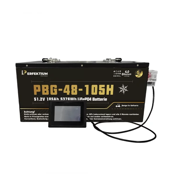 Perfektium PBG-Serie LiFePO4-Lithiumbatterie 51,2 V 105 Ah, Smart-BMS mit Bluetooth, Golfwagenbatterie mit Heizung Perfektium PBG-Serie LiFePO4-Lithiumbatterie 51,2 V 105 Ah, Smart-BMS mit Bluetooth, Golfwagenbatterie mit Heizung