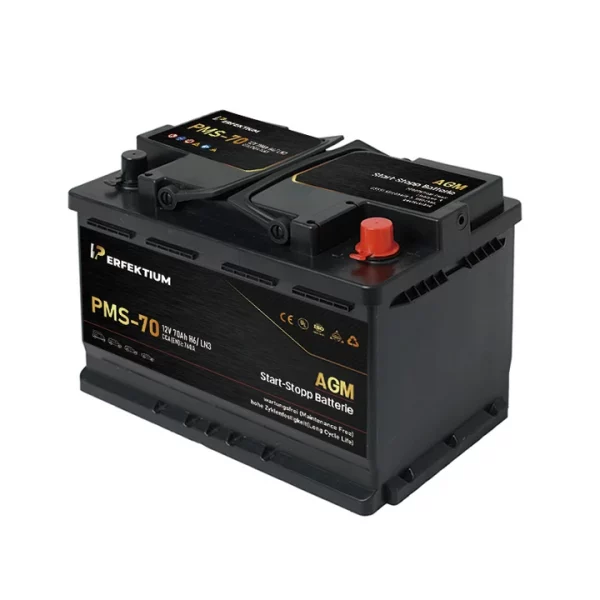 Perfektium PMS-Serie AGM Start-Stopp-Batterie 12 V 70Ah, entwickelt für moderne Fahrzeuge mit hoher Zyklenlebensdauer und wartungsfreiem Betrieb